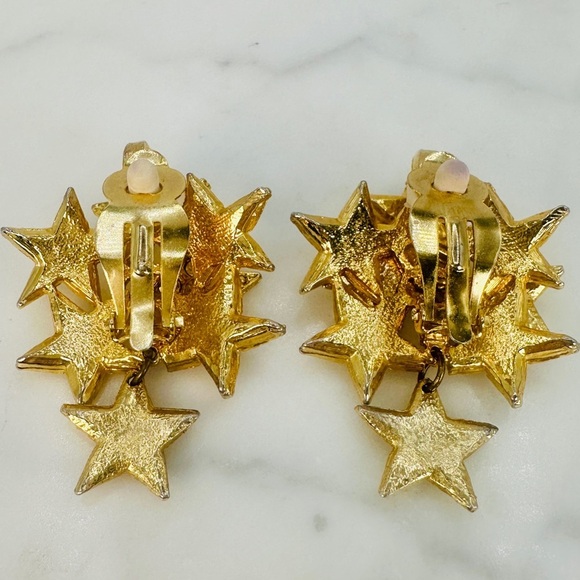 Vintage 80s Star Cluster Earrings Clip On Crystal Disco Glam Articulated Dangle - Picture 3 of 9